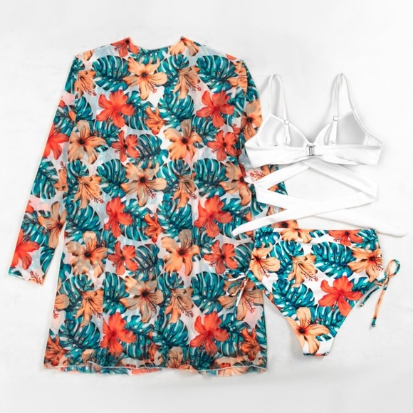 3 piece floral print leaves bikini kimono set - Picture 3 of 5